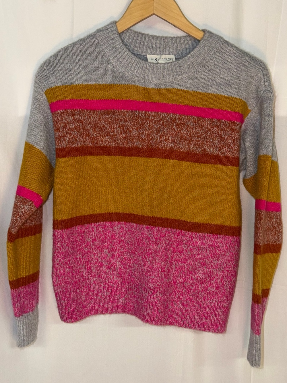 LOFT Striped Crewneck Sweater in Pink, Mustard & Gray